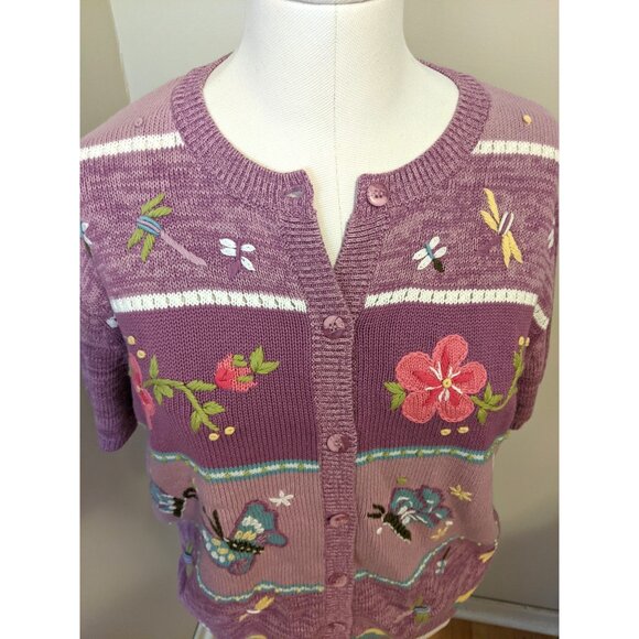 Vintage 90s Tabi Purple Cardigan Embroidered Butterfly Flower Grandmacore Knit M - Picture 4 of 10